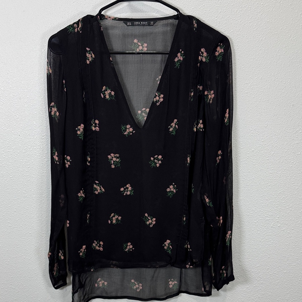 Zara Black Floral Sheer Blouse long sleeve